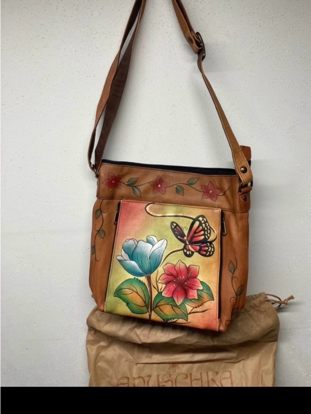 Anuschka Hand-Painted Tan Floral & Butterfly Leather Crossbody